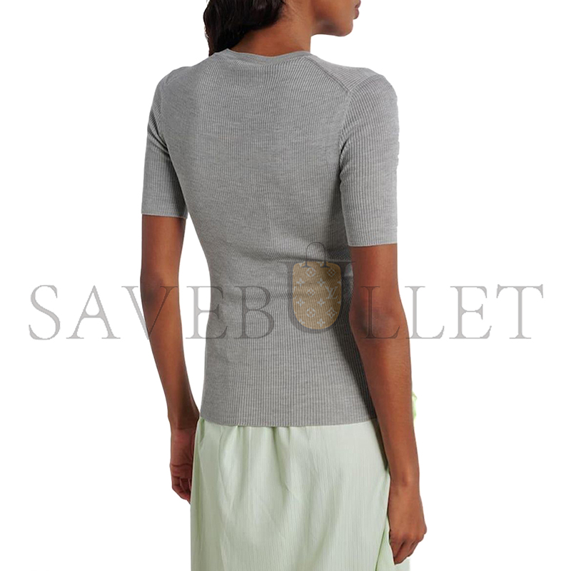 PRADA WOMEN'S GRAY LOGO RIBBED-TRIM SILK T-SHIRT 